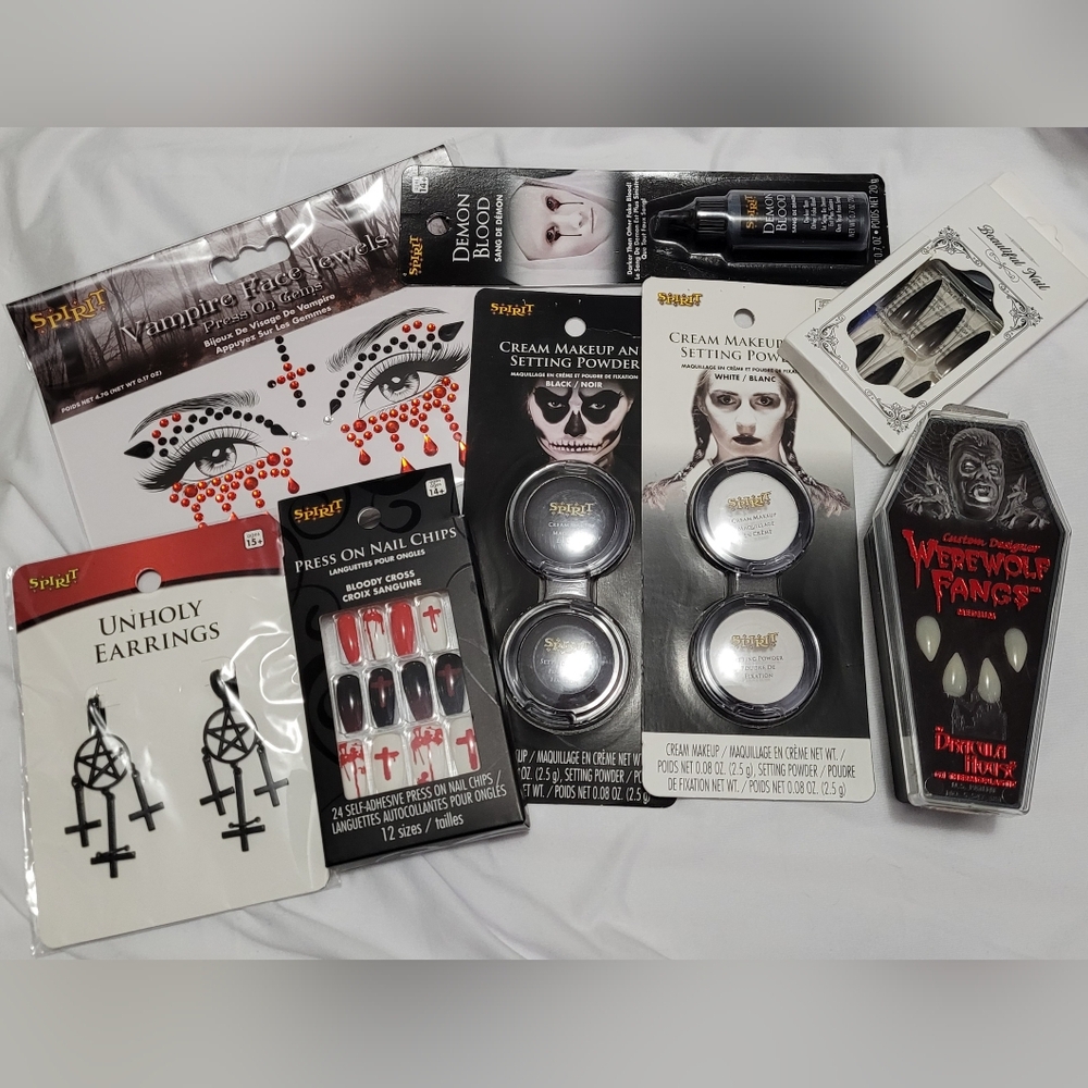 • halloween set • fangs makeup nails earrings face gems •
